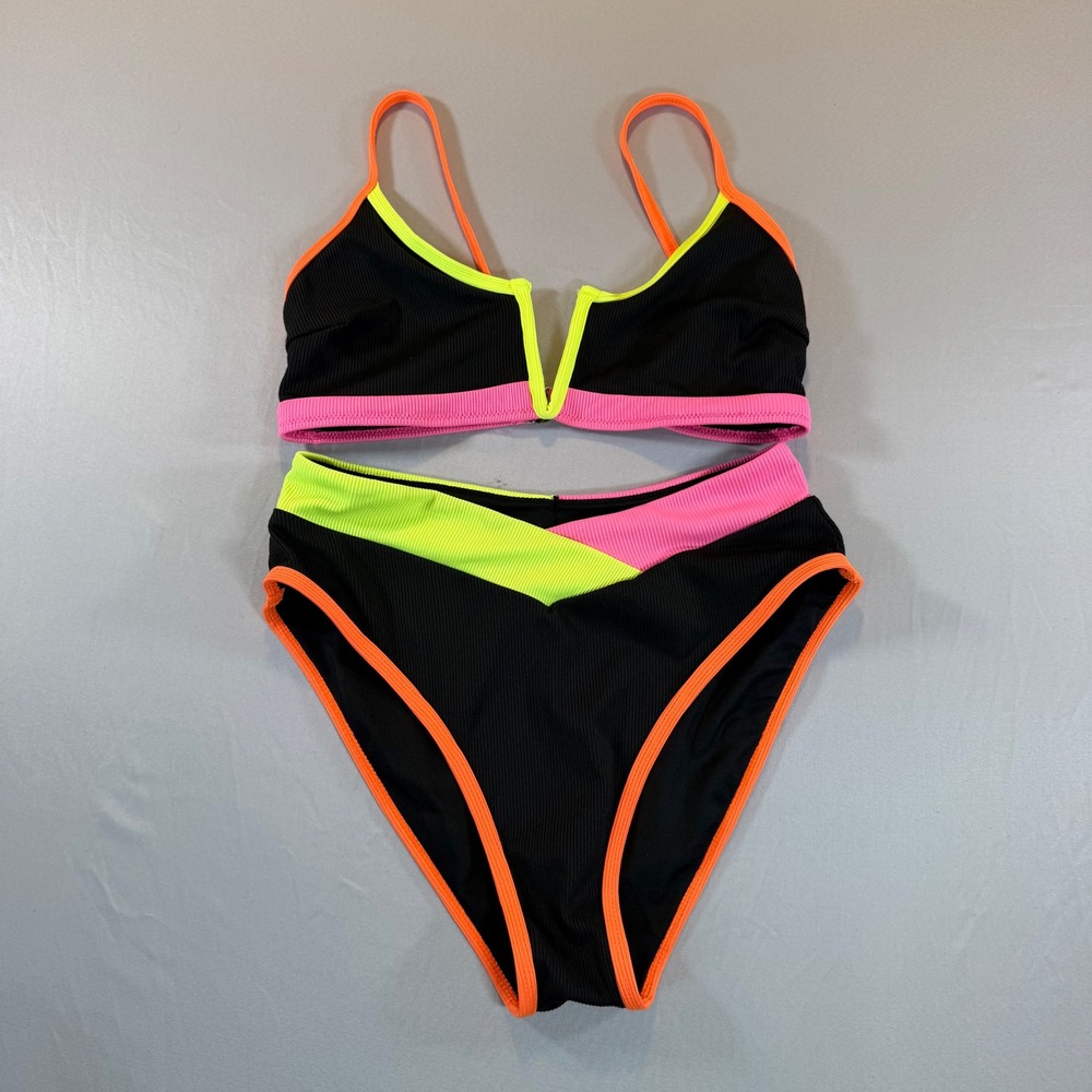 Popvil Womens Neon Colorblock Ribbed Bikini Set V-Wire High Waist Black Medium